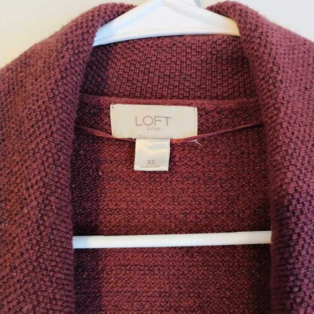 LOFT Outlet Burgundy Open Front Knit Cardigan XS Draped Collar Long Sleeve - Picture 2 of 3